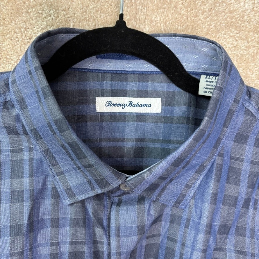 TOMMY BAHAMA Button Down Shirt Men's XL Tall‎ XLT Blue Plaid Cotton Silk Blend